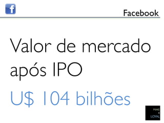 Facebook	



Valor de mercado
após IPO	

U$ 104 bilhões	

 