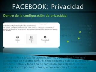 Dentro de la configuración de privacidad:


                                        Donde podemos hacer que
                                        el contenido sea visto por:
                                                            Solo yo
                                        Amigos de mis Amigos
                                                          Amigos.
                                                  Personas o listas
                                                        concretas.



Esto se aplica a todas las actualizaciones de estado y fotos que
publicamos en nuestro perfil, si seleccionamos publico pues todos
lo videos, fotos, y todo tipo de contenido que colgamos en nuestro
perfil será visto por todos, los que nos conocen y los que no nos
conocen.
 