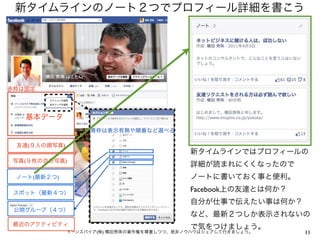 11イーンスパイア(株) 横田秀珠の著作権を尊重しつつ、是非ノウハウはシェアして行きましょう。
新タイムラインのノート２つでプロフィール詳細を書こう
基本データ
友達(９人の顔写真)
写真(９枚の自分写真)
最近のアクティビティ
ノート(最新２つ)
スポット（最新４つ）
公開グループ（４つ）
新タイムラインではプロフィールの
詳細が読まれにくくなったので
ノートに書いておく事と便利。
Facebook上の友達とは何か？
自分が仕事で伝えたい事は何か？
など、最新２つしか表示されないの
で気をつけましょう。
赤枠は固定
青枠は表示有無や順番など選べる
 