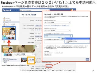 Facebookページ名の変更は２００いいね！以上でも申請可能へ
34イーンスパイア(株) 横田秀珠の著作権を尊重しつつ、是非ノウハウはシェアして行きましょう。
Facebookページを編集 基本データを編集 名前の「変更を申請」
https://www.facebook.com/enspire.co.jp
 