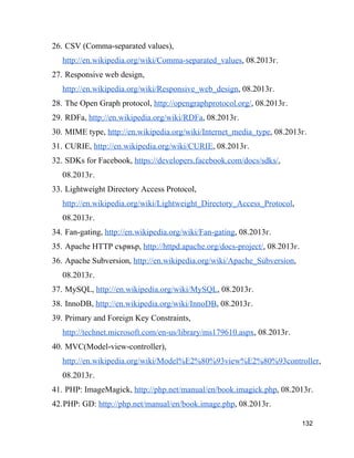 26. CSV (Comma­separated values),
http://en.wikipedia.org/wiki/Comma­separated_values, 08.2013г.
27. Responsive web design,
http://en.wikipedia.org/wiki/Responsive_web_design, 08.2013г.
28. The Open Graph protocol, http://opengraphprotocol.org/, 08.2013г.
29. RDFa, http://en.wikipedia.org/wiki/RDFa, 08.2013г.
30. MIME type, http://en.wikipedia.org/wiki/Internet_media_type, 08.2013г.
31. CURIE, http://en.wikipedia.org/wiki/CURIE, 08.2013г.
32. SDKs for Facebook, https://developers.facebook.com/docs/sdks/,
08.2013г.
33. Lightweight Directory Access Protocol,
http://en.wikipedia.org/wiki/Lightweight_Directory_Access_Protocol,
08.2013г.
34. Fan­gating, http://en.wikipedia.org/wiki/Fan­gating, 08.2013г.
35. Apache HTTP сървър, http://httpd.apache.org/docs­project/, 08.2013г.
36. Apache Subversion, http://en.wikipedia.org/wiki/Apache_Subversion,
08.2013г.
37. MySQL, http://en.wikipedia.org/wiki/MySQL, 08.2013г.
38. InnoDB, http://en.wikipedia.org/wiki/InnoDB, 08.2013г.
39. Primary and Foreign Key Constraints,
http://technet.microsoft.com/en­us/library/ms179610.aspx, 08.2013г.
40. MVC(Model­view­controller),
http://en.wikipedia.org/wiki/Model%E2%80%93view%E2%80%93controller,
08.2013г.
41. PHP: ImageMagick, http://php.net/manual/en/book.imagick.php, 08.2013г.
42.PHP: GD: http://php.net/manual/en/book.image.php, 08.2013г.
132
 