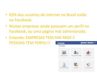 • 63% dos usuários de internet no Brasil estão
no Facebook.
• Muitas empresas ainda possuem um perfil no
Facebook, ou uma página mal administrada.
• Entenda: EMPRESAS TEM FAN PAGE E
PESSOAS TEM PERFIL!!!
 