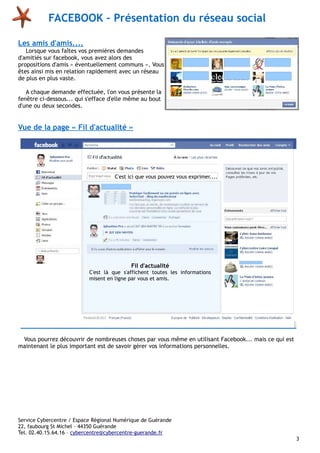 FACEBOOK – Présentation du réseau social
Les amis d'amis....

Lorsque vous faîtes vos premières demandes
d'amitiés sur facebook, vous avez alors des
propositions d'amis « éventuellement communs ». Vous
êtes ainsi mis en relation rapidement avec un réseau
de plus en plus vaste.
A chaque demande effectuée, l'on vous présente la
fenêtre ci-dessous... qui s'efface d'elle même au bout
d'une ou deux secondes.

Vue de la page « Fil d'actualité »

C'est ici que vous pouvez vous exprimer....

Fil d'actualité
C'est là que s'affichent toutes les informations
misent en ligne par vous et amis.

Vous pourrez découvrir de nombreuses choses par vous même en utilisant Facebook... mais ce qui est
maintenant le plus important est de savoir gérer vos informations personnelles.

Service Cybercentre / Espace Régional Numérique de Guérande
22, faubourg St Michel – 44350 Guérande
Tel. 02.40.15.64.16 – cybercentre@cybercentre-guerande.fr
3

 