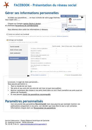FACEBOOK – Présentation du réseau social
Gérer ses informations personnelles
Accédez aux paramètres.... en haut à droite de votre page Internet,
vous voyez ceci.....
Cliquez sur Compte (petite flèche à droite)
et choisissez Paramètres de confidentialité
Vous obtenez alors cette les informations ci-dessous.

Là encore, il s'agit de choix personnels...
Vous pouvez permettre à :
• Tout le monde de voir tout,
• Vos amis et aux amis de vos amis de voir tout ce que vous publiez,
• Montrer seulement des choses à vos amis (mais dans ce cas il faut connaître ses amis aussi en
dehors de Facebook),
• Et vous pouvez choisir les paramètres recommandés

Paramètres personnalisés
Ceci est proche des paramètres Recommandé mais vous pourrez par exemple montrer vos
publications uniquement à vos amis, voir décider que vous êtes le seul a voir certaines
informations cliquez alors sur Personnaliser les paramètres

Service Cybercentre / Espace Régional Numérique de Guérande
22, faubourg St Michel – 44350 Guérande
Tel. 02.40.15.64.16 – cybercentre@cybercentre-guerande.fr
4

 