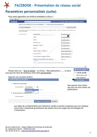 FACEBOOK – Présentation du réseau social
Paramètres personnalisés (suite)
Vous voyez apparaître une fenêtre semblable à celle-ci :

Cliquez alors sur « Tout le monde » au niveau « Mes publications ».... et alors
vous pourrez faire de nombreux choix dont personnaliser
Apparaît une nouvelle fenêtre.

Vous pouvez ainsi choisir
que seul vos amis voient vos
publications.

Les règles de confidentialités sont tellement variées et parfois complexes que ceci explique
entre autre l'inquiétude grandissante des adultes face aux usages des technologies de
l’information.

Service Cybercentre / Espace Régional Numérique de Guérande
22, faubourg St Michel – 44350 Guérande
Tel. 02.40.15.64.16 – cybercentre@cybercentre-guerande.fr
5

 