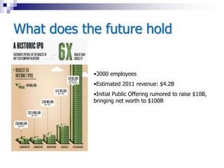 What does the future hold
•3000 employees
•Estimated 2011 revenue: $4.2B
•Initial Public Offering rumored to raise $10B,
bringing net worth to $100B
 