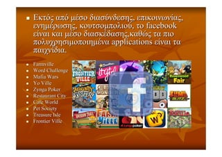 ΕκτόςΕκτός απόαπό μέσομέσο διασύνδεσηςδιασύνδεσης,, επικοινωνίαςεπικοινωνίας,,
ενημέρωσηςενημέρωσης,, κουτσομπολιούκουτσομπολιού,, τοτο facebookfacebook
είναιείναι καικαι μέσομέσο διασκέδασηςδιασκέδασης,,καθώςκαθώς τατα πιοπιο
πολυχρησιμοποιημέναπολυχρησιμοποιημένα applicationsapplications είναιείναι τατα
παιχνίδιαπαιχνίδια..
FarmvilleFarmville
Word ChallengeWord Challenge
Mafia WarsMafia Wars
YoYo VilleVille
ZyngaZynga PokerPoker
Restaurant CityRestaurant City
Cafe WorldCafe World
Pet SocietyPet Society
Treasure IsleTreasure Isle
Frontier VilleFrontier Ville
 
