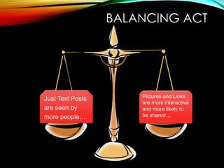 BALANCING ACT
Pictures and Links
are more interactive
and more likely to
be shared…
Just Text Posts
are seen by
more people…
 