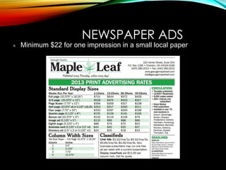 NEWSPAPER ADS
Minimum $22 for one impression in a small local paper
 