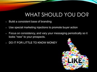 WHAT SHOULD YOU DO?
Build a consistent base of branding
Use special marketing injections to promote buyer action
Focus on consistency, and vary your messaging periodically so it
looks “new” to your prospects.
DO IT FOR LITTLE TO KNOW MONEY
 