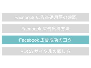 Facebook 広告基礎用語の確認
Facebook 広告出稿方法
Facebook 広告成功のコツ
PDCA サイクルの回し方
 