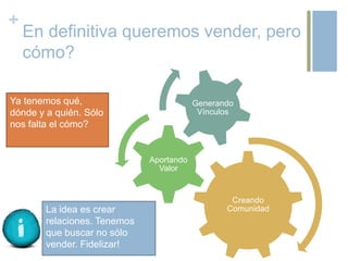 +
En definitiva queremos vender, pero
cómo?
Ya tenemos qué,
dónde y a quién. Sólo
nos falta el cómo?
Creando
Comunidad
Aportando
Valor
Generando
Vínculos
La idea es crear
relaciones. Tenemos
que buscar no sólo
vender. Fidelizar!
 