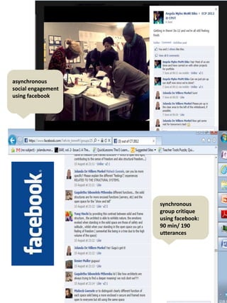 synchronous
group critique
using facebook:
90 min/ 190
utterances
asynchronous
social engagement
using facebook
 