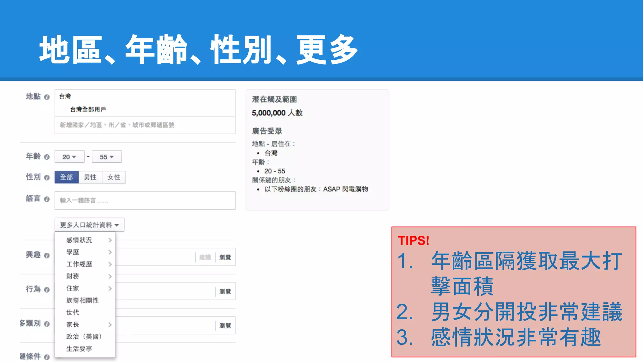 地區、年齡、性別、更多 
TIPS! 
1. 年齡區隔獲取最大打 
擊面積 
2. 男女分開投非常建議 
3. 感情狀況非常有趣 
 