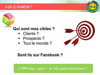A qui je m’adresse ?
Sont ils sur Facebook ?
9 999 fans, super ! Je fais quoi maintenant ?
Qui sont mes cibles ?
 Clients ?
 Prospects ?
 Tout le monde ?
 