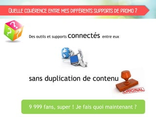 Quelle cohérence entre mes différents supports de promo ?
9 999 fans, super ! Je fais quoi maintenant ?
Des outils et supports connectés entre eux
sans duplication de contenu
 
