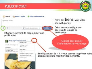 Publier un statut
Faire des liens, vers votre
site web par ex.
Création automatique des
aperçus de la page de
destinationL’horloge, permet de programmer une
publication
En cliquant sur le « V » vous pouvez supprimer votre
publication ou la modifier des éléments.
Cliquez pour publier
l’information sur votre page
 
