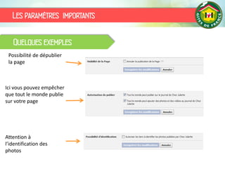 Les paramètres importants
Possibilité de dépublier
la page
Ici vous pouvez empêcher
que tout le monde publie
sur votre page
Attention à
l’identification des
photos
Quelques exemples
 