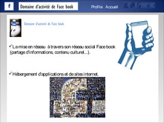 Domaine d’activité de Face book AccueilProfile
Lamiseen réseau àtraversson réseau social Facebook
(partaged'informations, contenu culturel...).
Hébergement d'applicationset desitesinternet.
Domaine d’activité de Face book
 