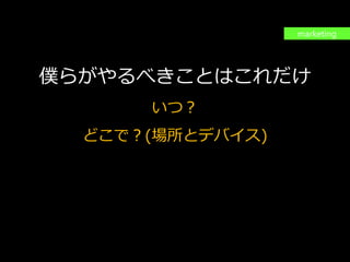PAGE101
機密情報。本件業務担当者以外の第三者への情報公開を一切禁止します。
Copyright © 2015 Anagrams .Inc .All Rights Reserved.
出来ることは変わっても
やるべきことは変わらない
僕らがやるべきことはこれだけ
いつ？
どこで？(場所とデバイス)
だれに？
どのように？
marketing
 