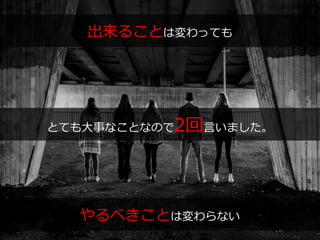 PAGE104
機密情報。本件業務担当者以外の第三者への情報公開を一切禁止します。
Copyright © 2015 Anagrams .Inc .All Rights Reserved.
出来ることは変わっても
やるべきことは変わらない
とても大事なことなので2回言いました。
 