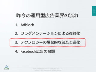 PAGE25
機密情報。本件業務担当者以外の第三者への情報公開を一切禁止します。
Copyright © 2015 Anagrams .Inc .All Rights Reserved.
昨今の運用型広告業界の流れ
1. Adblock
2. フラグメンテーションによる複雑化
3. テクノロジーの爆発的な普及と進化
4. Facebook広告の台頭
 