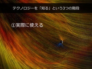 PAGE46
機密情報。本件業務担当者以外の第三者への情報公開を一切禁止します。
Copyright © 2015 Anagrams .Inc .All Rights Reserved.
テクノロジーを「知る」という3つの階段
①実際に使える
 