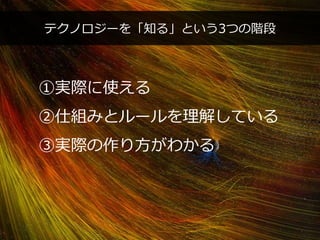 PAGE48
機密情報。本件業務担当者以外の第三者への情報公開を一切禁止します。
Copyright © 2015 Anagrams .Inc .All Rights Reserved.
テクノロジーを「知る」という3つの階段
①実際に使える
②仕組みとルールを理解している
③実際の作り方がわかる
 