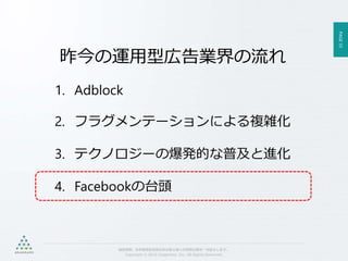 PAGE53
機密情報。本件業務担当者以外の第三者への情報公開を一切禁止します。
Copyright © 2015 Anagrams .Inc .All Rights Reserved.
昨今の運用型広告業界の流れ
1. Adblock
2. フラグメンテーションによる複雑化
3. テクノロジーの爆発的な普及と進化
4. Facebookの台頭
 