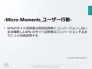 PAGE55
機密情報。本件業務担当者以外の第三者への情報公開を一切禁止します。
Copyright © 2015 Anagrams .Inc .All Rights Reserved.
-Micro-Moments_ユーザー行動-
• 95％のサイト訪問者は初回訪問時にコンバージョンしない
まま離脱し4.49％ のサイト訪問者はコンバージョンするま
でに 2-4 回再訪問する
※Inside AdWordsより
 