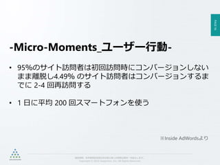 PAGE56
機密情報。本件業務担当者以外の第三者への情報公開を一切禁止します。
Copyright © 2015 Anagrams .Inc .All Rights Reserved.
-Micro-Moments_ユーザー行動-
• 95％のサイト訪問者は初回訪問時にコンバージョンしない
まま離脱し4.49％ のサイト訪問者はコンバージョンするま
でに 2-4 回再訪問する
• 1 日に平均 200 回スマートフォンを使う
※Inside AdWordsより
 