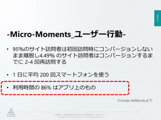 PAGE57
機密情報。本件業務担当者以外の第三者への情報公開を一切禁止します。
Copyright © 2015 Anagrams .Inc .All Rights Reserved.
-Micro-Moments_ユーザー行動-
• 95％のサイト訪問者は初回訪問時にコンバージョンしない
まま離脱し4.49％ のサイト訪問者はコンバージョンするま
でに 2-4 回再訪問する
• 1 日に平均 200 回スマートフォンを使う
• 利用時間の 86% はアプリ上のもの
※Inside AdWordsより
 