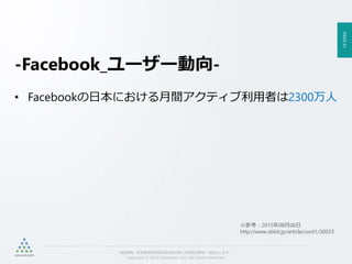 PAGE61
機密情報。本件業務担当者以外の第三者への情報公開を一切禁止します。
Copyright © 2015 Anagrams .Inc .All Rights Reserved.
-Facebook_ユーザー動向-
• Facebookの日本における月間アクティブ利用者は2300万人
※参考：2015年08月06日
http://www.sbbit.jp/article/cont1/30023
 