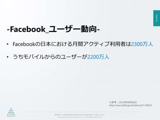 PAGE62
機密情報。本件業務担当者以外の第三者への情報公開を一切禁止します。
Copyright © 2015 Anagrams .Inc .All Rights Reserved.
-Facebook_ユーザー動向-
• Facebookの日本における月間アクティブ利用者は2300万人
• うちモバイルからのユーザーが2200万人
※参考：2015年08月06日
http://www.sbbit.jp/article/cont1/30023
 