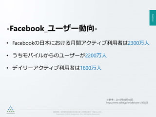 PAGE63
機密情報。本件業務担当者以外の第三者への情報公開を一切禁止します。
Copyright © 2015 Anagrams .Inc .All Rights Reserved.
-Facebook_ユーザー動向-
• Facebookの日本における月間アクティブ利用者は2300万人
• うちモバイルからのユーザーが2200万人
• デイリーアクティブ利用者は1600万人
※参考：2015年08月06日
http://www.sbbit.jp/article/cont1/30023
 