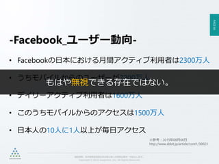 PAGE66
機密情報。本件業務担当者以外の第三者への情報公開を一切禁止します。
Copyright © 2015 Anagrams .Inc .All Rights Reserved.
-Facebook_ユーザー動向-
• Facebookの日本における月間アクティブ利用者は2300万人
• うちモバイルからのユーザーが2200万人
• デイリーアクティブ利用者は1600万人
• このうちモバイルからのアクセスは1500万人
• 日本人の10人に1人以上が毎日アクセス
※参考：2015年08月06日
http://www.sbbit.jp/article/cont1/30023
もはや無視できる存在ではない。
 
