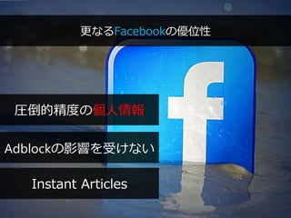 PAGE67
機密情報。本件業務担当者以外の第三者への情報公開を一切禁止します。
Copyright © 2015 Anagrams .Inc .All Rights Reserved.
更なるFacebookの優位性
圧倒的精度の個人情報
Adblockの影響を受けない
Instant Articles
 