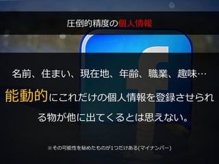 PAGE68
機密情報。本件業務担当者以外の第三者への情報公開を一切禁止します。
Copyright © 2015 Anagrams .Inc .All Rights Reserved.
圧倒的精度の個人情報
名前、住まい、現在地、年齢、職業、趣味…
能動的にこれだけの個人情報を登録させられ
る物が他に出てくるとは思えない。
※その可能性を秘めたものが1つだけある(マイナンバー)
 