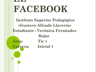 EL
FACEBOOK
Instituto Superior Pedagógico
«Gustavo Allende Llavería»
Estudiante : Verónica Fernández
Rojas
Área: Tic 1
Carrera: Inicial 1
 