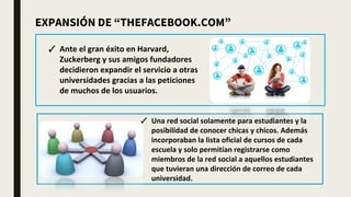 ✓ Ante el gran éxito en Harvard,
Zuckerberg y sus amigos fundadores
decidieron expandir el servicio a otras
universidades gracias a las peticiones
de muchos de los usuarios.
✓ Una red social solamente para estudiantes y la
posibilidad de conocer chicas y chicos. Además
incorporaban la lista oficial de cursos de cada
escuela y solo permitían registrarse como
miembros de la red social a aquellos estudiantes
que tuvieran una dirección de correo de cada
universidad.
EXPANSIÓN DE “THEFACEBOOK.COM”
 