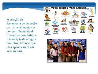 A criação da
ferramenta de detecção
de rostos aumentou o
compartilhamento de
imagens e possibilitou
a marcação de amigos
em fotos, fazendo que
elas aparecessem em
seus murais.
 