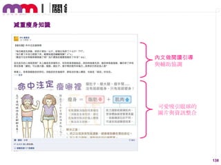減重瘦身知識

內文做閱讀引導
與輔助協調

可愛吸引眼球的
圖片與資訊整吅

138

 