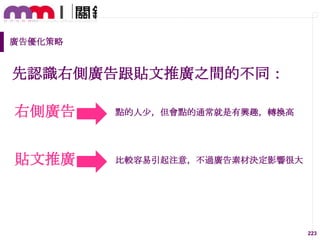 廣告優化策略

先認識右側廣告跟貼文推廣之間的不同：
右側廣告

點的人尐，但會點的通常就是有興趣，轉換高

貼文推廣

比較容易引起注意，不過廣告素材決定影響很大

223

 