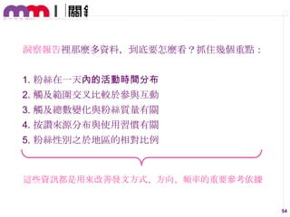洞察報告裡那麼多資料，到底要怎麼看？抓住幾個重點：
1. 粉絲在一天內的活動時間分布

2. 觸及範圍交叉比較於參與互動
3. 觸及總數變化與粉絲質量有關
4. 按讚來源分布與使用習慣有關
5. 粉絲性別之於地區的相對比例

這些資訊都是用來改善發文方式、方向、頻率的重要參考依據

54

 