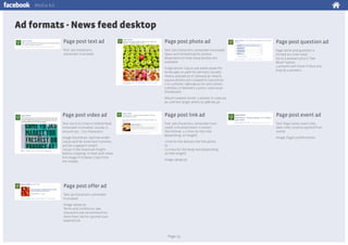 Media kit

Ad formats - News feed desktop
Page post text ad

Page post photo ad

Page post question ad

Text: 500 characters,
remainder truncated

Text: 500 characters, remainder truncated
Specs and formatting for photos
dependent on how many photos are
available

Page name and question is
limited at 2 lines total
Up to 3 answers plus a “See
More” option.
4 answers will show if there are
exactly 4 answers.

Single photo: Cap at 400 pixels (400w for
landscape, or 400h for portrait). Usually
means 400x300 px or 300x400 px. Nearly
square photos are cropped to 320x320 px
2 or 4 photos: 196x196 px for each photo
3 photos, or between 5 and 9: 129x129 px
thumbnails
Album created stories: 3 photos in 129x129
px, and one larger photo at 398x264 px

Page post video ad

Page post link ad

Page post event ad

Text: Up to 6.5 lines in mobile feed,
remainder truncated. Usually is
around 205 – 275 characters.

Text: 500 characters, remainder truncated. Link attachment is shown
Text format: 1-2 lines for the title
(depending on length)

Text: Page name, event title,
date, time, location (pulled from
event)

Image thumbnail: Optimal width720 px (will be stretched if shorter,
will be cropped if wider)
720 px is the maximum height
before cropping in feed (will show
full image if clicked). Crops from
the middle.

1 line for the domain the link points
to
2-3 lines for the body text (depending
on title length)
Image: 90x90 px

Page post offer ad
Text: 90 characters, remainder
truncated
Image: 90x90 px
Terms and conditions: 900
characters (we recommend no
more than 700 for optimal user
experience)

Page 23

Image: Page’s profile photo

 
