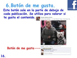 Este botón sale en la parte de debajo de
cada publicación. Se utiliza para valorar si
te gusta el contenido.
6.Botón de me gusta.
Botón de me gusta
16.
 