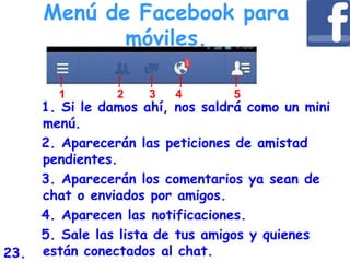 Menú de Facebook para
móviles.
1. Si le damos ahí, nos saldrá como un mini
menú.
2. Aparecerán las peticiones de amistad
pendientes.
3. Aparecerán los comentarios ya sean de
chat o enviados por amigos.
4. Aparecen las notificaciones.
5. Sale las lista de tus amigos y quienes
están conectados al chat.
1 2 3 4 5
23.
 