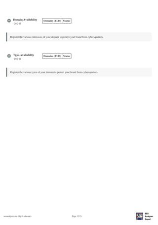 seoanalyzer.me (By H-educate) Page 12/21
Domain Availability Domains (TLD) Status
Register the various extensions of your domain to protect your brand from cybersquatters.
Typo Availability Domains (TLD) Status
Register the various typos of your domain to protect your brand from cybersquatters.
 