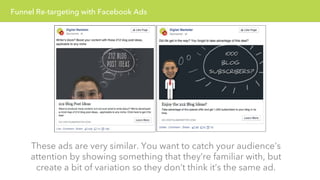 Funnel Re-targeting with Facebook Ads 
These ads are very similar. You want to catch your audience’s 
attention by showing...