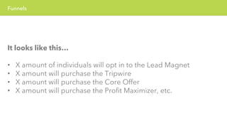 Funnels 
It looks like this… 
• X amount of individuals will opt in to the Lead Magnet 
• X amount will purchase the Tripwire 
• X amount will purchase the Core Offer 
• X amount will purchase the Profit Maximizer, etc. 
 
